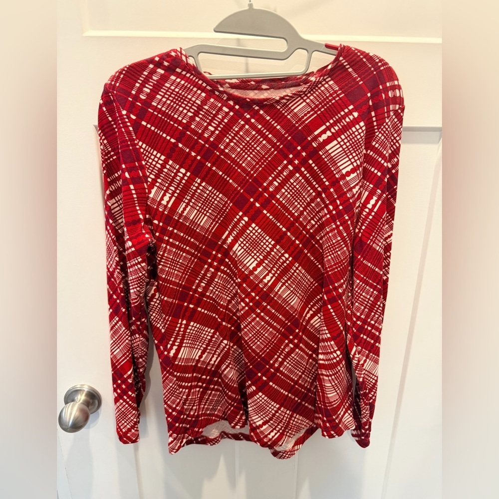 Chico’s Size 2 Red Plaid Long Sleeve Cotton Knit Top Large 12 14